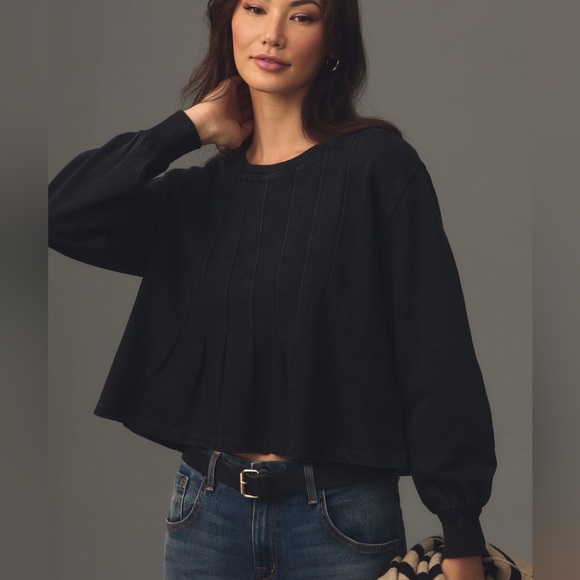 Anthropologie PILCRO Box-Pleated Pullover Sweatshirt Black Size Medium Crew Neck - Picture 1 of 12